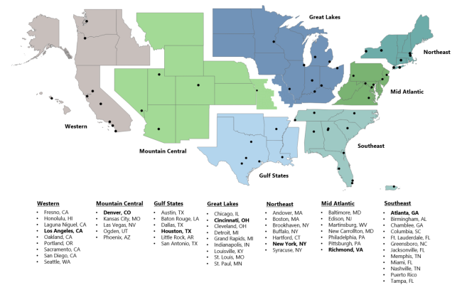 Map showing the Office of Investigations Field Divisions and the locations of the Special Agents in Charge.